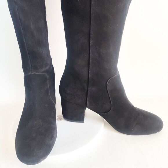 Nine West Knee High Boots Size 7.5 Black Suede Leather Block Heel Zip Riding - Picture 11 of 16